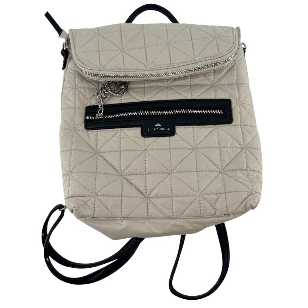 Juicy Couture Quilted‎ Backpack Beige Black Trim Nylon Mini Laptop Travel Bag